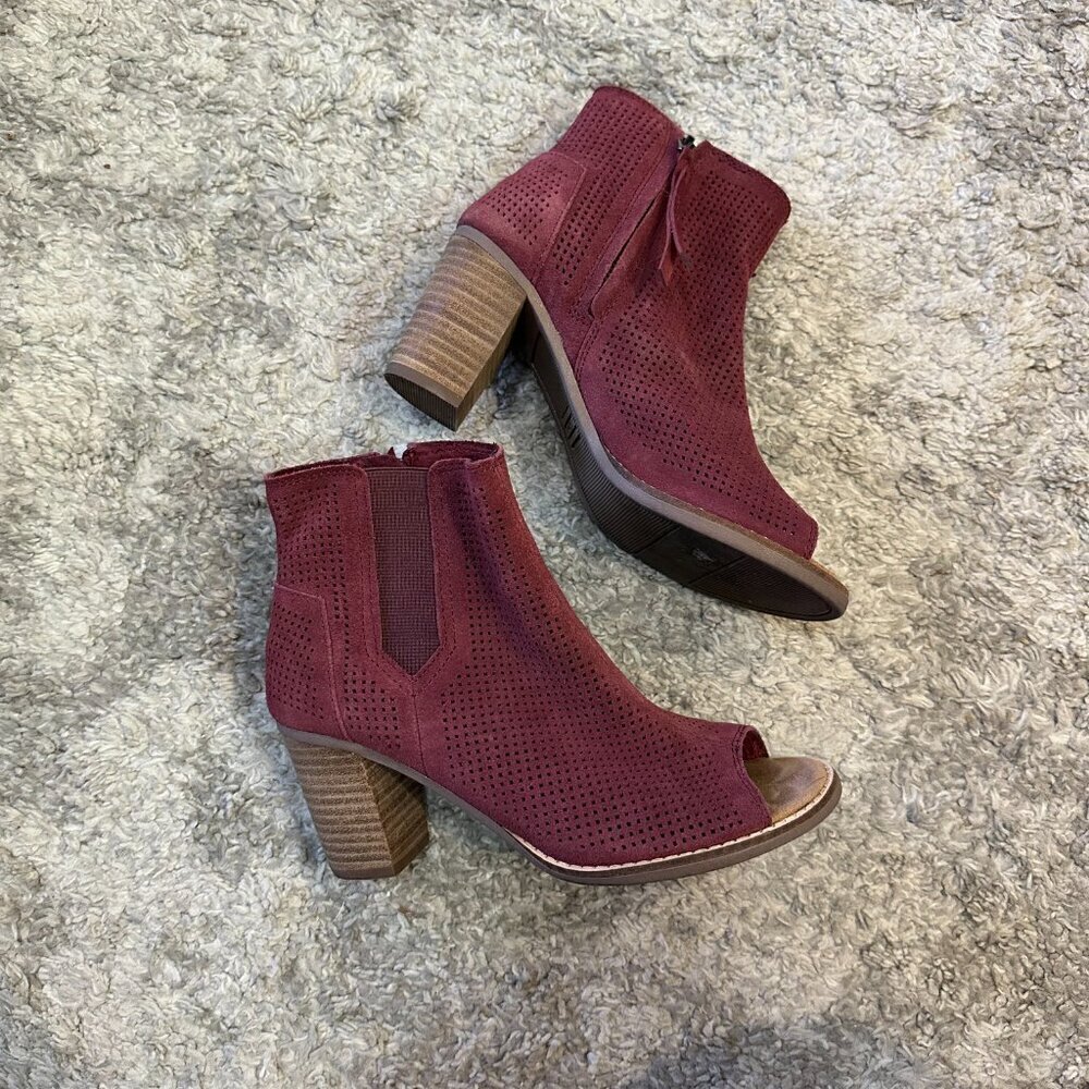 Toms Wide 6.5 Burgundy Red Open Toe Booties Suede Peep Toe Leather Majorca Open - Picture 5 of 10
